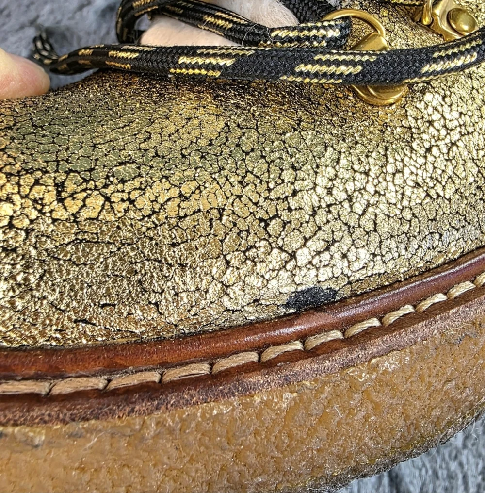 J Crew Gold Metallic Winter Shearling Boots, Wedge Crepe Sole,  Womens Sz 6